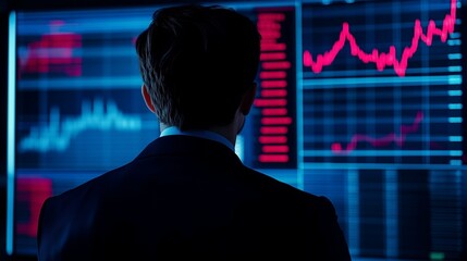 A businessman in a suit stands facing a large screen displaying financial data and stock market graphs