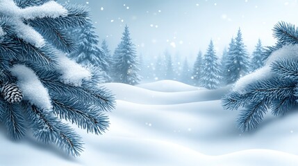 Obraz premium Snowy winter landscape with snow-covered pine branches in the foreground and a forest in the background.