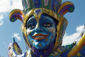 Obraz premium Mardi Gras Float Details: Artwork of Cheerful Characters in Brightly Colored Carnival Celebration