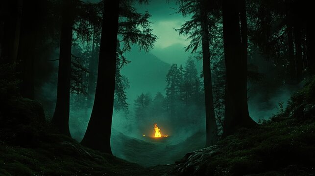 Mystical forest fire at night.  Misty mountain scenery