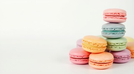 Fototapeta premium Wide banner of colorful macarons in pastel shades, stacked neatly