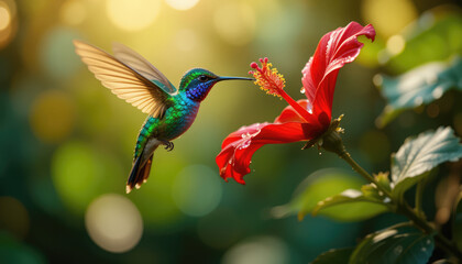 Fototapeta premium Tiny Green Hummingbird Feeding on Nectar Among Tropical Blossoms