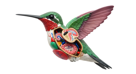 Colorful Hummingbird with Exposed Anatomy, Showcasing Internal Organs, Vibrant Feathers and Unique Features in Artistic Representation of Nature