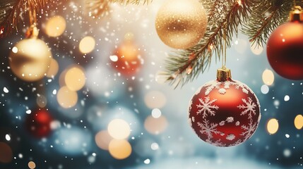 Golden and Red Ornaments Hanging on Snowy Pine Branches with Bokeh Lights