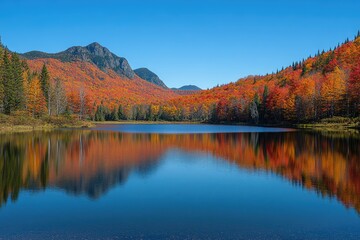 Beautiful autumn landscape with colorful trees and still water reflections