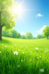 Obraz premium Soft focus spring meadow, sunny blue sky fades to lush green grass , green, sun