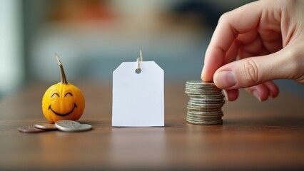 Hand is reaching for a stack of coins on a table. A pumpkin with a smiley face is sitting next to the coins