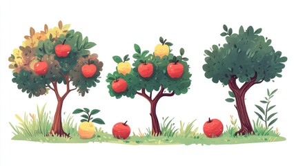 Apple trees, orchard, fruits, growth, harvest, illustration, cartoon, nature, background, education