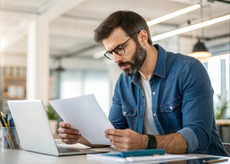 Obraz premium Focused Businessman Reviewing Documents in Modern Office