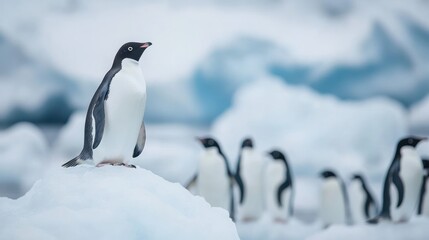 Naklejka premium Adelie penguin on an iceberg, with a group of penguins in the background.