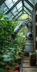 Robotic arm harvesting tomatoes in a lush greenhouse environment