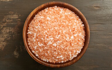 High-Angle Close-up of Pink Himalayan Salt in Wooden Bowl
