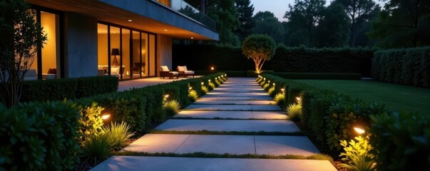 Fototapeta premium Sleek LED pathway lights illuminate modern garden, leading to contemporary home , ambient lighting, modern garden, night