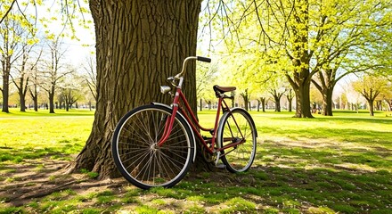 Fototapeta premium A vintage bicycle leaning against a tree in a park during springtime.jpg