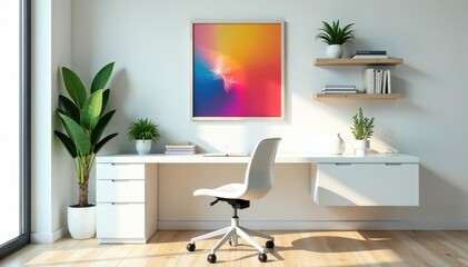Sleek white desk, ergonomic chair, floating shelves, minimalist art, houseplants , chic, modern, interior