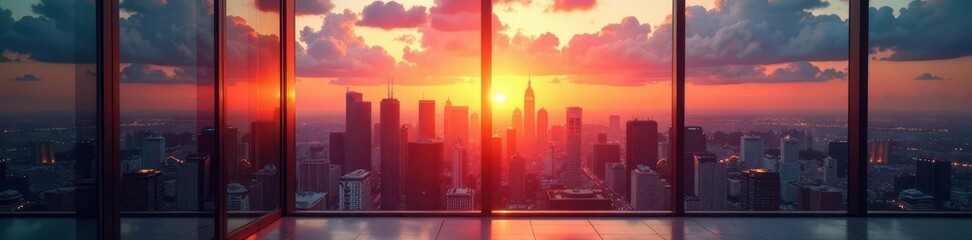 Obraz premium Sunset cityscape view from modern glass-walled office, business office, corporate office