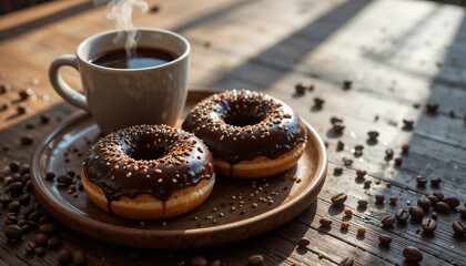 A pair of chocolate-glazed donuts with sprinkles, on a wooden plate next to a cup of hot coffee and scattered coffee beans