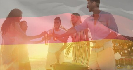 Barbecue on beach with friends, German flag animation overlaying scene - Powered by Adobe