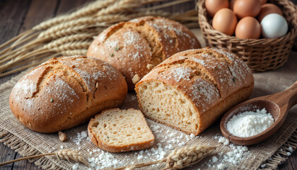 Naklejka premium Freshly baked loaves of bread with flour dusting, surrounded by eggs, flour, and wheat on a wooden table