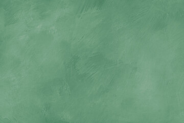Concrete, plaster, stucco wall texture with brush strokes, messy shabby green color surface, aged, grungy, shabby effect. Textured design background, wallpaper, backdrop, design element
