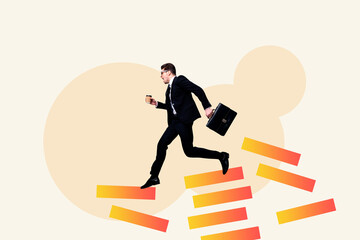 Obraz premium Creative sketch image art collage of determinate businessman run colorful chart statistics development progress aim achievement