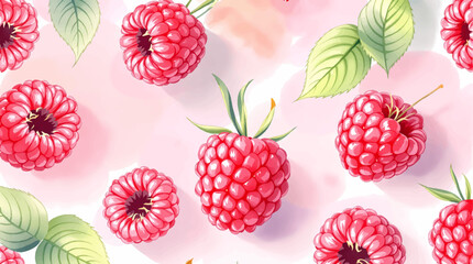 Watercolor pattern featuring raspberries white background	