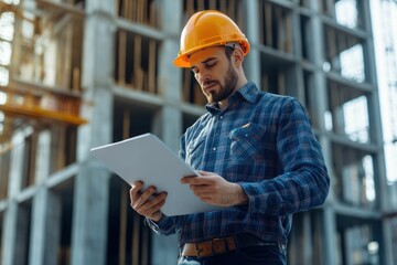 civil engineer or architect with hardhat on construction site checking schedule on tablet computer