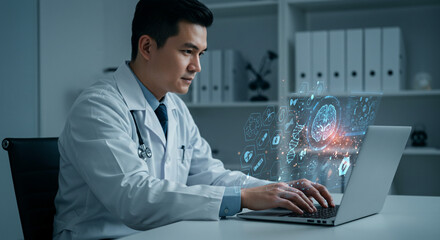 A focused doctor utilizing advanced medical technology, immersed in digital health innovation, displayed on his laptop screen with soft blue lighting in a modern office.