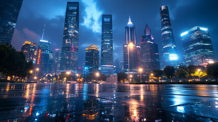 Fototapeta premium A captivating nighttime view of the city skyline as seen from an open urban square