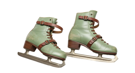 Vintage Ice Skates with Green Leather Upper and Brown Strap, Classic Sports Equipment for Winter Activities and Outdoor Fun, Retro Design