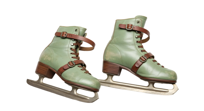 Vintage Ice Skates with Green Leather Upper and Brown Strap, Classic Sports Equipment for Winter Activities and Outdoor Fun, Retro Design