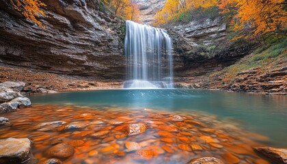 A beautiful waterfall cascading into a serene and colorful pool