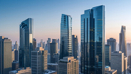 Modern metropolis shines at dawn, skyscrapers reaching for the sky