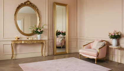 Elegant Pink Room Interior with Gold Accents Mirrors and Floral Arrangement