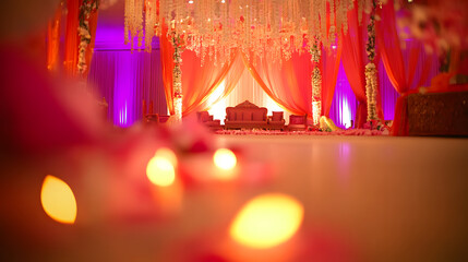 Beautifully decorated wedding stage with orange and purple drapes, floral arrangements, and a plush sofa. Candles in the foreground create a romantic ambiance.