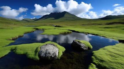Highland loch landscape under a vibrant sky.  Green meadows, reflecting clouds in still pools of water, and a granite peak in the background. Lush vegetation and rocks