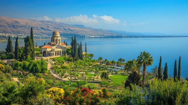 Mount Of The Beatitudes. Stunning View Of Tiberias Lake And Beautiful Basilica Architecture In Israel
