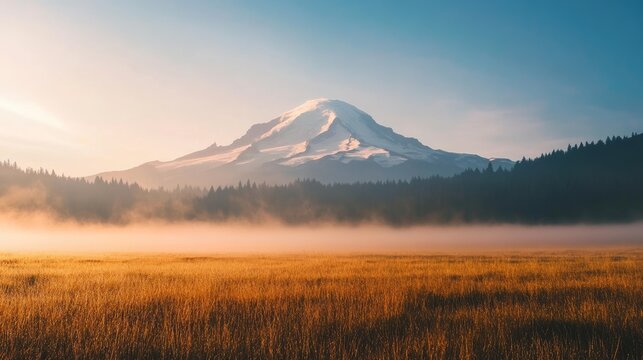 Mount Ranier: Foggy Field Landscape with Majestic Mountain in the Background