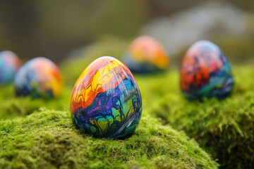 Colorful Painted Easter Eggs in a Vibrant Natural Setting with Lush Greenery, Generative AI