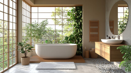 Fototapeta premium Eco-minimalist bathroom with natural light and sustainable design features for a serene atmosphere