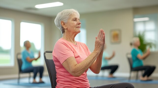 Serene Senior Exercise: A tranquil senior woman engages in mindful exercise, seated with closed eyes, embodying serenity within a community group setting.
