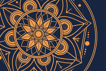 41 Intricate mandala design, golden and orange hues, deep blue background, symmetrical patterns, ornate details, geometric shapes, radial composition, sacred geometry, spiritual artwork, metallic acce