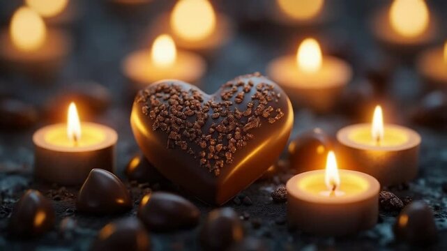 Chocolate heart surrounded by candles, creating a romantic atmosphere for special moments