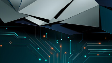 Abstract geometric design featuring metallic shapes and circuit patterns against a dark background