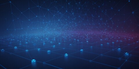 Obraz premium Vernetzte Datenstruktur mit holografischen Bausteinen und globalem Kommunikationsnetz in Blautönen