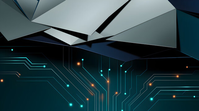 Abstract geometric design featuring metallic shapes and circuit patterns against a dark background