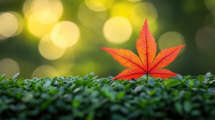 A vibrant red maple leaf rests upon a green hedge