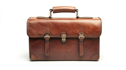 Brown leather briefcase with metal clasps and handle, isolated on white.