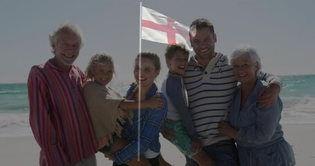 Posing with English flag, family smiling on sunny beach, creating animation - Powered by Adobe