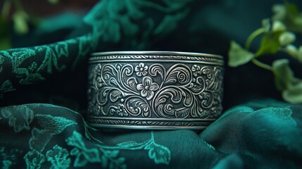 Elegant silver bangle on teal fabric